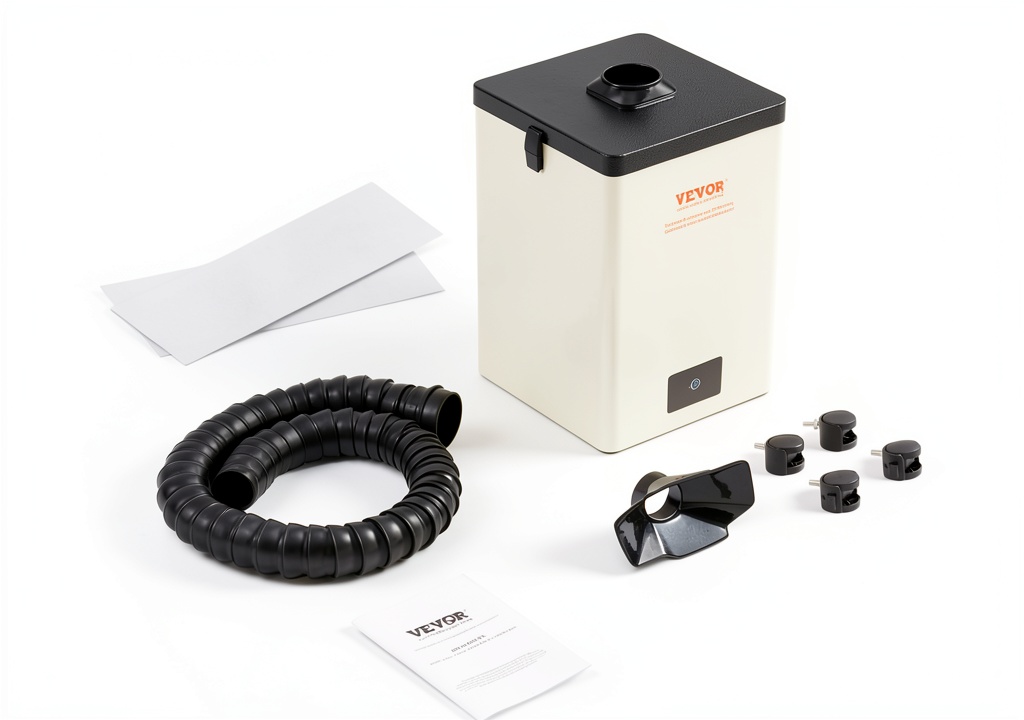 VEVOR solder fume extractor positioned beside a soldering station in a home workshop
