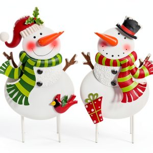 Outdoor Christmas Decorations Snowman Stake White Metal by ABELOTS-0